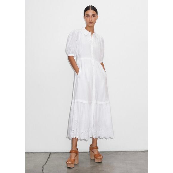 ME+EM Dresses & Skirts - ME+EM Broderie Anglaise White Maxi Belted Puff Sleeve Dress Lace Cottage 0